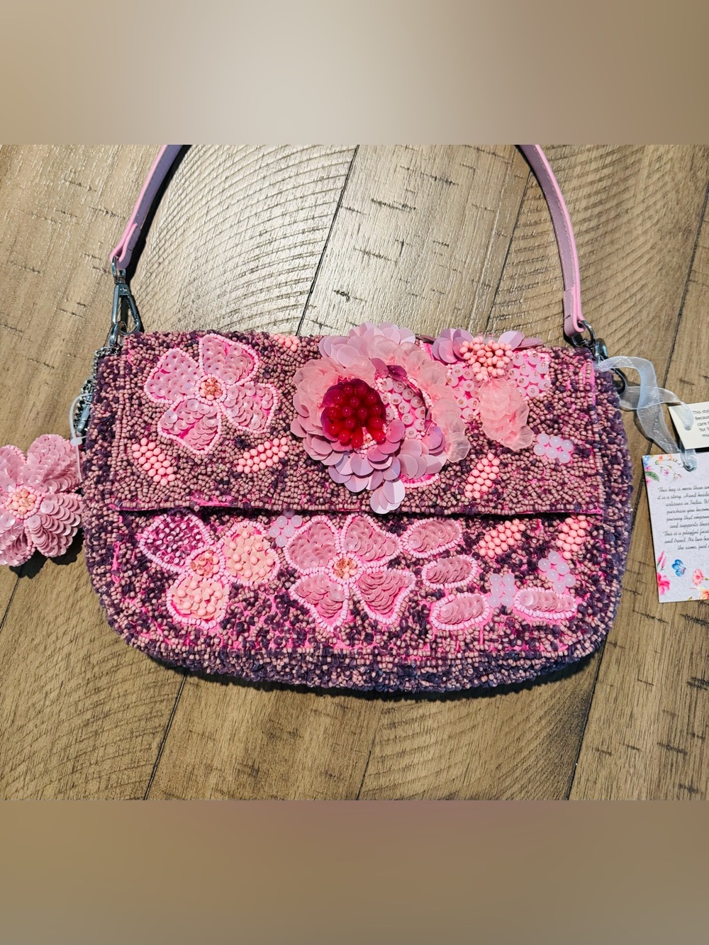 NWT Handmade in India Pink Floral Beaded Shoulder Bag with Detachable Charm - Picture 13 of 16